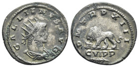 GALLIENUS (253-268). Antoninianus. Antioch. (3.77 Gr. 20mm.)
Radiate, draped and cuirassed bust right.
Rev. Lion walking left; bull's head to left; pa...
