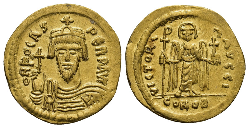 Phocas (602-610 AD). AV Solidus (21mm, 4.48 g), Constantinople, officina I. Obv....