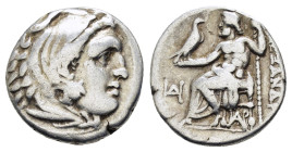 KINGS OF MACEDON. Alexander III.The Great.(336-323 BC). Drachm
Obv : Head of Alexander as Hercules right wearing lion-skin headdress, paws tied at thr...