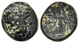 Phrygia, Apameia, AE,Circa 88-40 BC. Heraklei-, and Eglo-, magistrates.

Obv: Laureate head of Zeus to right.

Rev: ΑΠΑΜΕ / HPAKΛE EΓΛO, Facing statue...