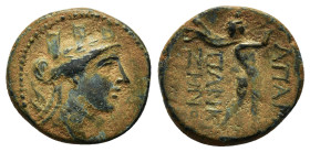 PHRYGIA.Apamea.(Circa 88-40 BC).Ae.
Obv : Turreted head of Tyche to right.
Rev : AΠAME ΠANKP ZHNO.
Marsyas advancing to right, playing aulos; menander...