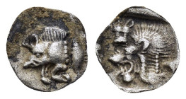 MYSIA.Kyzikos.(Circa 450-400 BC).Obol.

Obv : Forepart of boar left, tunny to right.
Rev : Head of roaring lion left, retrograde K in upper left field...