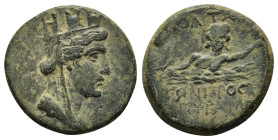 CILICIA. Hierapolis. 2nd-1st century BC. AE Turreted, veiled and draped bust of the city-goddess to right. Rev. ΙЄΡΟ/ΠΟΛΙΤΩΝ - ΤΩΝ ΠΡΟΣ / ΠΥΡΑΜΩ The r...