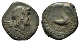 CILICIA. Seleukeia ad Kalykadnon.2nd Century BC.AE Bronze. ΣYM, Laureate head of Apollo right / ΣEΛEVKEΩN TΩN ΠPOΣ TΩI KAΛVKAΔNΩI, Forepart oh horse r...