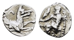 LYCAONIA.Laranda.(Circa 324-323 BC).Obol.
Obv : Baaltars seated left, holding grain ear, bunch of grapes, and scepter.
Rev : Forepart of wolf right;...