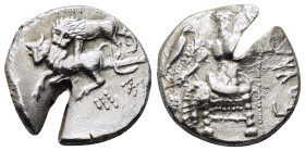 CILICIA. Tarsos. Mazaios.(Satrap of Cilicia, 361-334 BC). Stater.
Obv : Baaltars seated left on throne, head facing, holding lotus-tipped sceptre, gra...