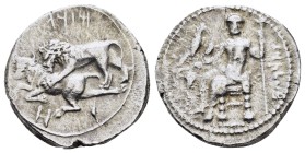 CILICIA. Tarsos. Mazaios.(Satrap of Cilicia, 361-334 BC). Stater.
Obv : Baaltars seated left on throne, head facing, holding lotus-tipped sceptre, gr...