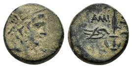 PONTOS. Amisos. Time of Mithradates VI.(Circa 105-85 BC). Ae.
Obv : Head of Perseus right, wearing a winged helmet.
Rev : AMI-ΣOY.
Winged harpa.
SNG B...