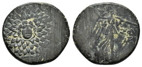 PONTOS.Amisos.(Circa 105-63 BC).Ae.

Obv : Aegis with Gorgon's head at center.

Rev : AΜΙΣΟΥ.
Nike advancing right, holding wreath and palm branch, be...
