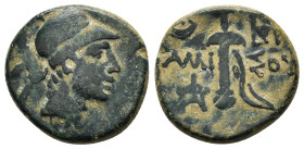 PONTOS.Amisos.Time of Mithradates VI.(Circa 111-90 BC).Ae.
Obv : Helmeted head of Ares to right.
Rev : AMIΣOY.
Sword in sheath; star with crescent to ...