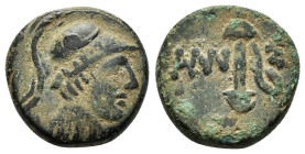 PONTOS.Amisos.Time of Mithradates VI.(Circa 111-90 BC).Ae.
Obv : Helmeted head of Ares to right.
Rev : AMIΣOY.
Sword in sheath; star with crescent to ...