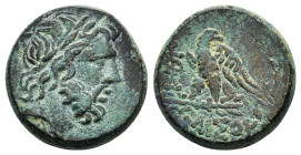 PONTOS.Amisos.(100-85 BC).Ae.

Obv : Laureate head of Zeus right.

Rev : AMIΣOY.
Eagle standing left on thunderbolt, head right; star above; in left f...