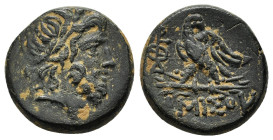 PONTOS.Amisos.(100-85 BC).Ae.

Obv : Laureate head of Zeus right.

Rev : AMIΣOY.
Eagle standing left on thunderbolt, head right; star above; in left f...