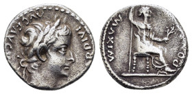 TIBERIUS (14-37). Denarius. "Tribute Penny" type. Lugdunum.
Obv: TI CAESAR DIVI AVG F AVGVSTVS.
Laureate head right.
Rev: PONTIF MAXIM.
Livia (as Pax)...
