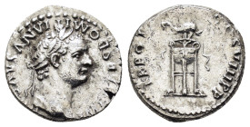 DOMITIAN (81-96). Denarius. Rome.
Obv: IMP CAES DOMITIANVS AVG P M.
Laureate head right.
Rev: TR P COS VII DES VIII P P.
Tripod surmoounted by dolphin...