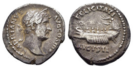 HADRIAN (117-138). Denarius. Rome.
Obv: HADRIANVS AVGVSTVS.
Laureate head right, slight drapery on far shoulder.
Rev: FELICITATI AVG / COS III P P.
Ga...