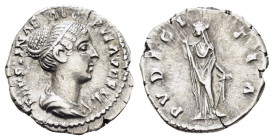 FAUSTINA II (Augusta, 147-176). Denarius. Rome.
Obv: FAVSTINAE AVG PII AVG FIL.
Draped bust right.
Rev: PVDICITIA.
Pudicitia standing facing, head lef...