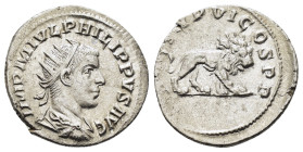 PHILIP II (247-249). Antoninianus. Antioch.
Obv: IMP M IVL PHILIPPVS AVG.
Radiate, draped and cuirassed bust right.
Rev: P M TR P VI COS P P.
Lion...