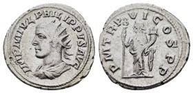 PHILIP I 'THE ARAB' (244-249). Antoninianus. Antioch.
Obv: IMP M IVL PHILIPPVS AVG.
Radiate and cuirassed bust left.
Rev: P M TR P VI COS P P.
Fel...