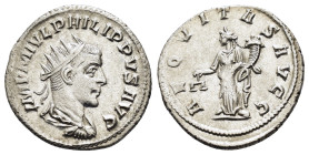 PHILIP II (247-249). Antoninianus. Antioch. 
Obv: IMP M IVL PHILIPPVS AVG. Radiate, draped and cuirassed bust right.
 Rev: AEQVITAS AVG. Aequitas stan...
