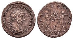 NUMERIAN.283-284 AD.Cyzicus Mint.AE Antoninianus
Obverse : IMP C NVMERIANVS P F AVG; bust of Numerian, radiate, draped, right
Reverse : CLEMENTIA TEMP...
