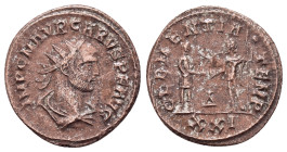 CARUS (AD 282-283). Antoninianus. Cyzicus.
Obv: IMP C M AVR CARVS P F AVG.
Radiate, draped and cuirassed bust right.
Rev: CLEMENTIA TEMP / Є.
Carus st...