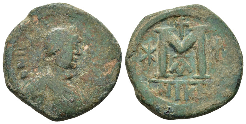 Justin I. 518-527. Æ Follis Constantinople mint. Struck 518-527. 

Diademed, dra...