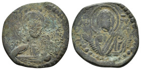 ROMANUS IV.(1068-1071).Anonymous Class G.Constantinople.Follis.

Obv : Bust of Christ facing with nimbate cross, pallium and colobium, and raising rig...