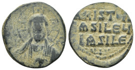 BYZANTINE.Anonymous FollIs. Time of Basil II & Constantine VIII.Circa 976-1025 AD.Constantinople Mint.AE Follis
Obverse : +EMMA-NOVHΛ/ IC XC; bust of ...