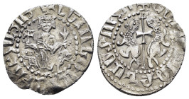 Cilician Armenian Coins
CILICIAN ARMENIA.Levon I.(1198-1219).Sis.Tram.
Obv : Crowned figure of Levon seated on throne ornamented with lions, holding c...