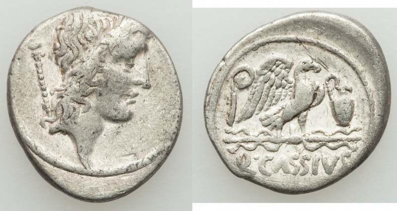 Q. Cassius Longinus (ca. 55 BC). AR denarius (18mm, 3.97 gm, 5h). VF. Head of Bo...