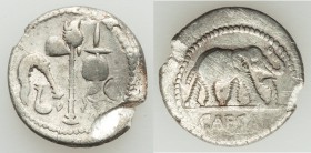 Julius Caesar, as Dictator (49-44 BC). AR denarius (19mm, 3.81 gm, 10h). VF, bent, scraped, damaged. Military mint traveling with Caesar in northern I...