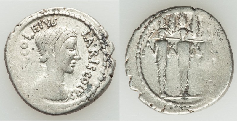 P. Accoleius Lariscolus (41 BC). AR denarius (19mm, 3.79 gm, 2h). VF. Rome. P AC...