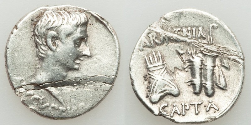 Augustus (27 BC-AD 14). AR denarius (18mm, 3.31 gm, 6h). VF, flan damage. Pergam...