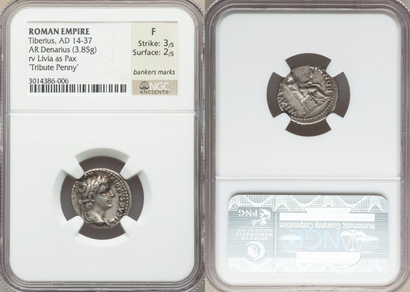 Tiberius (AD 14-37). AR denarius (18mm, 3.85 gm, 4h). NGC Fine 3/5 - 2/5, banker...