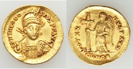 Theodosius II, Eastern Roman Empire (AD 402-450). AV solidus (20mm, 4.03 gm, 12h). XF. Constantinople, 2nd officina, AD 423-424. D N THEODO-SIVS P F A...