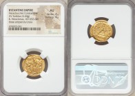 Heraclius (AD 610-641), with Heraclius Constantine and Heraclonas. AV solidus (20mm, 4.44 gm, 7h). NGC AU 4/5 - 4/5. Constantinople, 4th officina, ca....