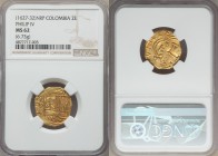Philip IV gold Cob 2 Escudos ND (1627-1632) NR-P MS62 NGC, Nuevo Reino mint (Bogata) , KM4.1, S-B19, CT-149. 21mm. 6.73gm. Choice full shield, with re...