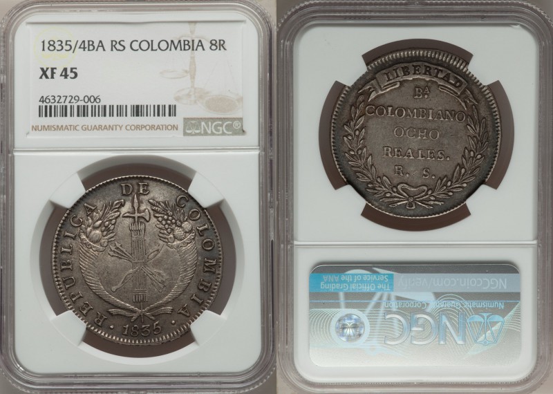 Republic 8 Reales 1835/4 BA-RS XF45 NGC, Bogota mint, KM89. Darkened charcoal ac...