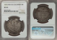 Republic 8 Reales 1835/4 BA-RS XF45 NGC, Bogota mint, KM89. Darkened charcoal accents provide a strong visual pop against the graphite fields, the edg...