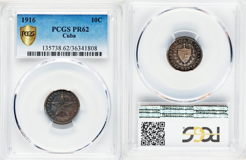 Republic Proof 10 Centavos 1916 PR62 PCGS, Philadelphia mint, KM-A12. Mintage: 5...