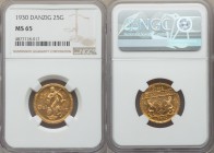 Free City gold 25 Gulden 1930 MS65 NGC, Berlin mint, KM150, Fr-44. Mintage: 4,000. FREIE / STADT DANZIG Pair of lions supporting arms of city above da...