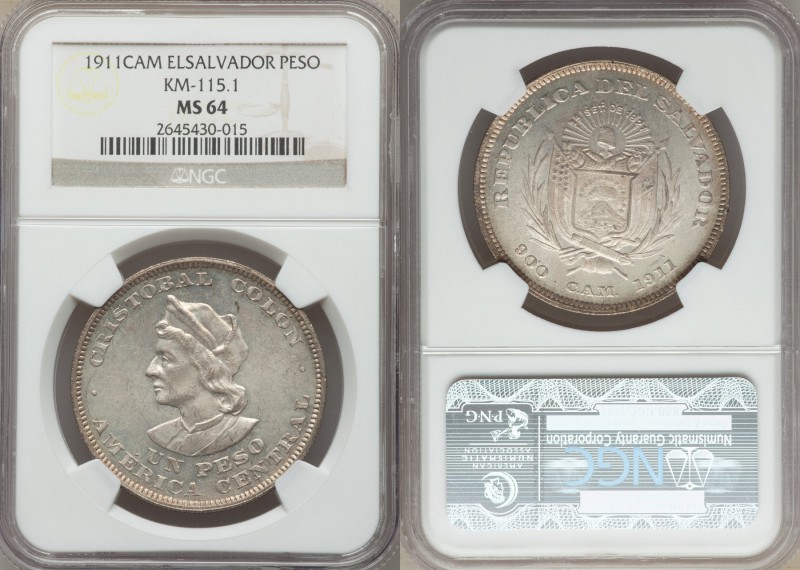 Republic Peso 1911-C.A.M. MS64 NGC, San Salvador mint, KM115.1. An enticing Lati...