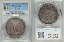 Republic 5 Francs 1873-A MS64 PCGS, Paris mint, KM820.1, Gad-745a. Exceptional dove-gray toning with deeper charcoal in the recessed areas around devi...