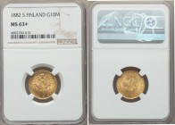 Russian Duchy. Nicholas II gold 10 Markkaa 1882-S MS63+ NGC, Helsinki mint, KM8.2. Crowned imperial double eagle holding orb and scepter / Denominatio...
