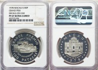 Portuguese Colony Proof Grand Prix "With Decals" 100 Patacas 1978 PR67 Ultra Cameo NGC, Pobjoy mint, KM10. Mintage: 610. For the 25th anniversary of t...