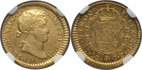 Ferdinand VII gold Escudo 1819 LM-JP AU55 NGC, Lima mint, KM126, Cal-289. A scarce denomination, somewhat crudely produced, with several minor planche...