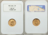 Nicholas II gold 5 Roubles 1904-AP MS65 NGC, St. Petersburg mint, KM-Y62. 

HID09801242017