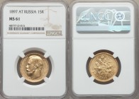 Nicholas II gold 15 Roubles 1897-AГ MS61 NGC, St. Petersburg mint, KM-Y65.2. Narrow rim, four letters of legend under neck with moneyers initials on e...