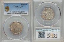 Republic Bolivar 1921-(p) AU50 PCGS, Philadelphia mint, KM-Y22. Several marks reside on Bolivar's portrait, but the coin has good luster and almost fu...